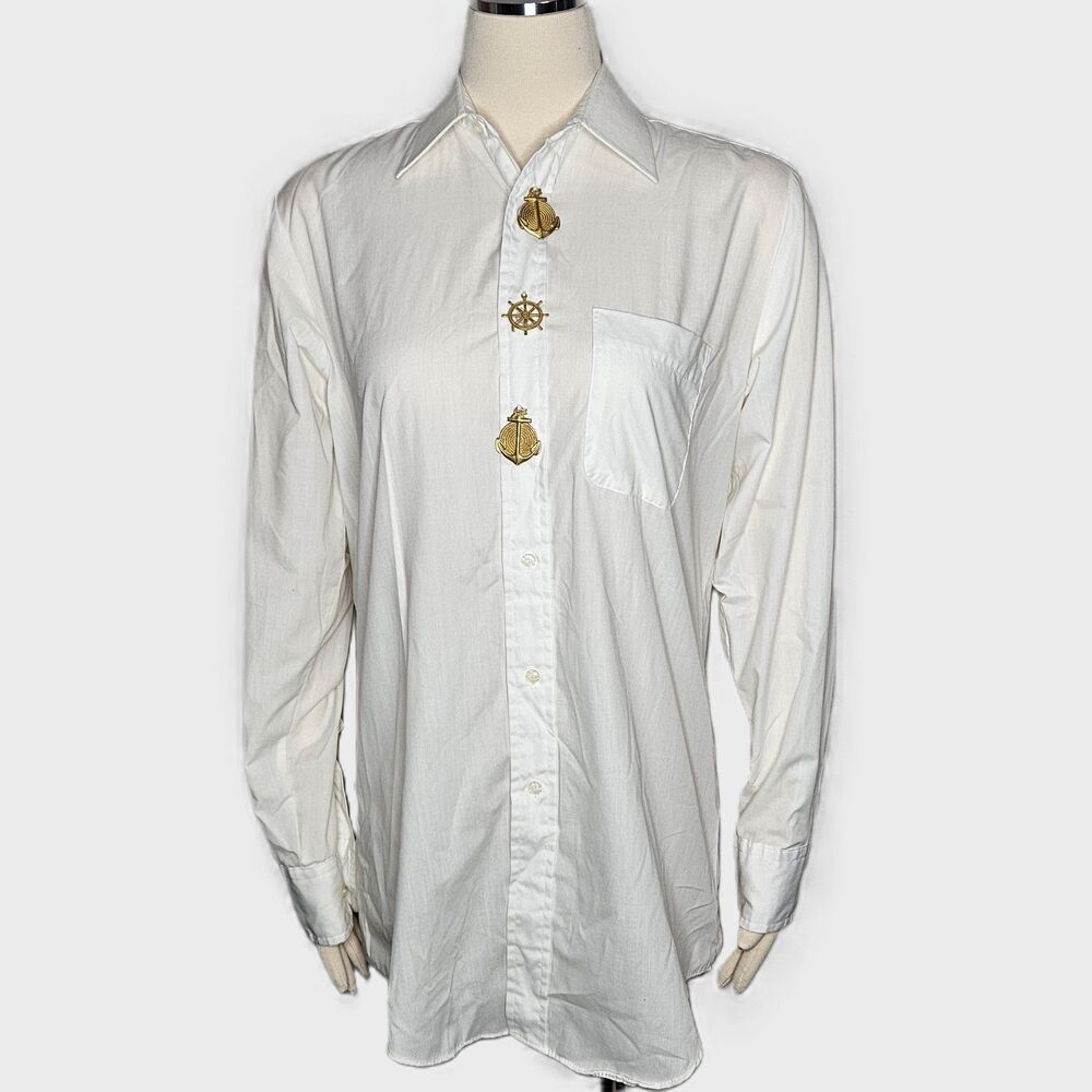 Vintage Veleno New York White Nautical Long Sleeve Button-Down‎ Shirt Size Small
